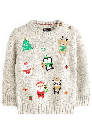 Pull pour enfants en maille crème avec un sapin de Noël brodé, un renne, un bonhomme de neige, un pingouin, le Père Noël, un panda et de petits cadeaux emballés.