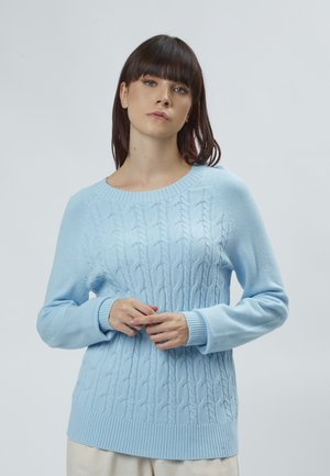 Pull en tricot bleu clair avec motif torsadé, encolure ronde et bords-côtes. Texture lisse et coupe décontractée.
