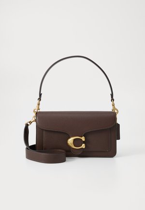Brown leather handbag with a flap design, featuring a prominent gold hardware clasp and a detachable shoulder strap. Textured surface detail.
