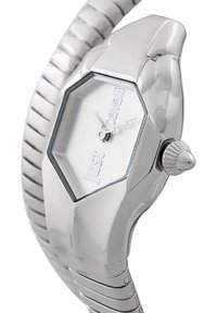 Montre hexagonale en ton argenté avec un boîtier en métal poli, un bracelet texturé et un cadran blanc portant le texte "Just Cavalli."