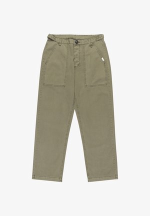 Khaikifarbene Baumwollhose mit geradem Bein, ausgestattet mit zwei großen Fronttaschen und einer seitlichen Tasche, abgeschlossen mit einem Knopfverschluss.