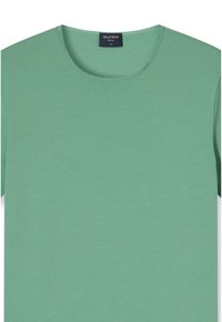 T-shirt verde con design a girocollo, realizzata in tessuto morbido. Presenta una trama minima e un colore solido semplice senza motivi.