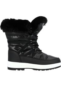 Botas de invierno negras con cuello de pelo sintético, parte superior acolchada, cierre con cordones y suela blanca gruesa, con un fondo de goma negra texturizada.