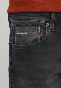 Szare spodnie dżinsowe z tylną kieszenią ozdobioną czerwonym, białym i niebieskim przeszyciem; dopasowany krój z widocznym guzikiem i szlufkami na pasek.