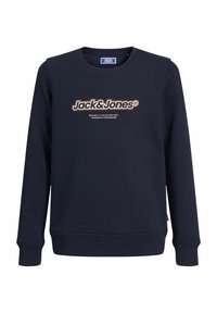 Granatowa bluza wykonana z mieszanki bawełny, z okrągłym dekoltem, ściągaczami przy rękawach i wyraźnym logo "Jack & Jones" z przodu.