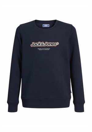 Granatowa bluza wykonana z mieszanki bawełny, z okrągłym dekoltem, ściągaczami przy rękawach i wyraźnym logo "Jack & Jones" z przodu.