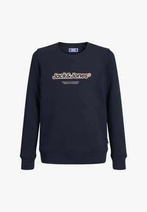 Marineblaue Sweatshirt aus einem Baumwollmischgewebe mit rundem Halsausschnitt, gerippten Bündchen und einem auffälligen "Jack & Jones"-Logo auf der Vorderseite.