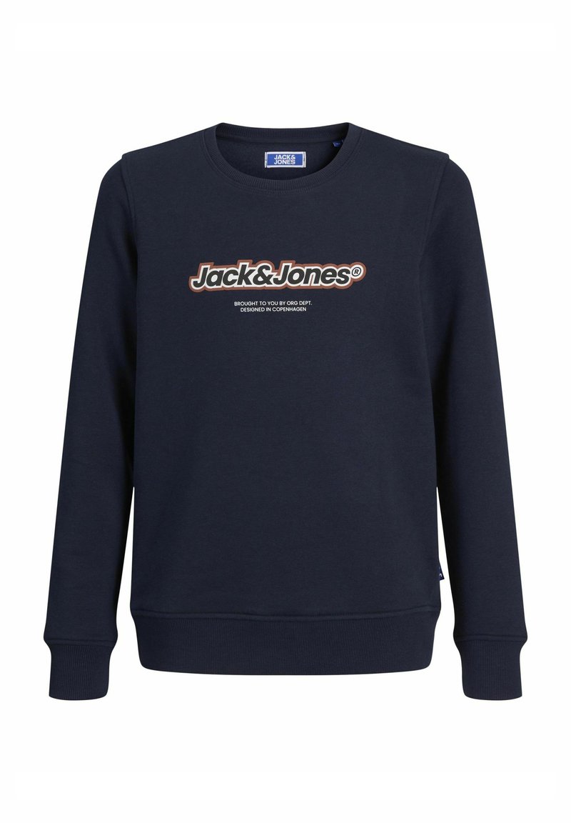 Granatowa bluza wykonana z mieszanki bawełny, z okrągłym dekoltem, ściągaczami przy rękawach i wyraźnym logo "Jack & Jones" z przodu.