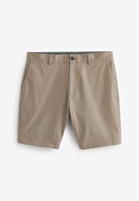 Shorts beiges en tissu léger, dotés d'une fermeture à bouton, de deux poches latérales et d'un design épuré sans motifs visibles.