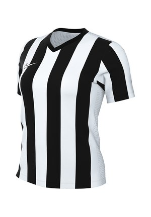 Kurzärmeliges Sporttrikot mit schwarz-weißen vertikalen Streifen und einem kleinen weißen Nike-Logo auf der rechten Brustseite.
