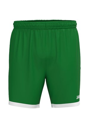 Grüne Sportshorts mit elastischem Bund und weißem Saum an den Beinöffnungen, mit kleinem weißem Logo am rechten Bein.