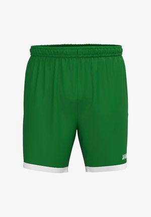 Grüne Sportshorts mit elastischem Bund und weißem Saum an den Beinöffnungen, mit kleinem weißem Logo am rechten Bein.