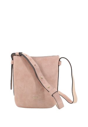Rosa Wildleder-Umhängetasche mit verstellbarem Riemen und kleinem goldfarbenem "abrò"-Logo auf der Vorderseite, vor weißem Hintergrund.