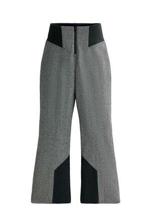 Graue, ausgestellte Hose mit schwarzen Akzenten und hohem Bund. Der Stoff verfügt über eine dezente Textur und maßgeschneiderte Nähte für einen strukturierten Look.