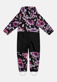 Blomstermønstret romper med svart base, med lilla og rosa blomster. Har hette, lange ermer og elastiske mansjetter med hardware nederst.