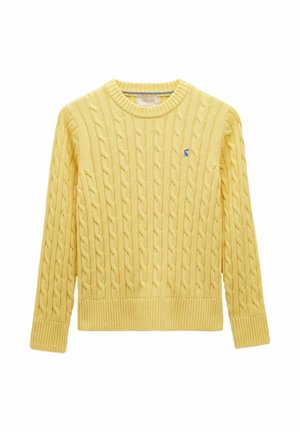 Kollane kabeli kudumisega pikakäistega sviiter, millel on soonikkoes äär ja mansetid, ümar kaelus ning väike sinine tikkmixed logo vasakul rinnal.