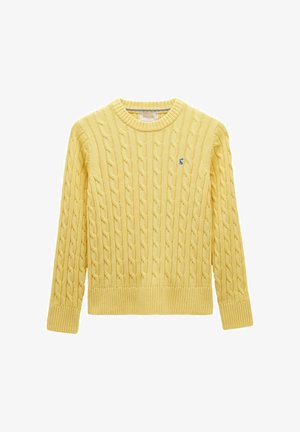 Kollane kabeli kudumisega pikakäistega sviiter, millel on soonikkoes äär ja mansetid, ümar kaelus ning väike sinine tikkmixed logo vasakul rinnal.