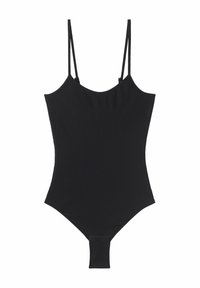 Zwarte geribde bodysuit met dunne verstelbare bandjes, een ronde halslijn en een lage rug. Heeft een hoge uitsnijding bij het been en minimale details.