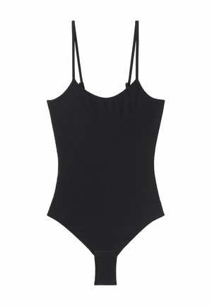 Bodysuit noir à côtes avec des bretelles fines et ajustables, un décolleté en U et un dos décolleté. Présente une jambe haute et un minimum de détails.