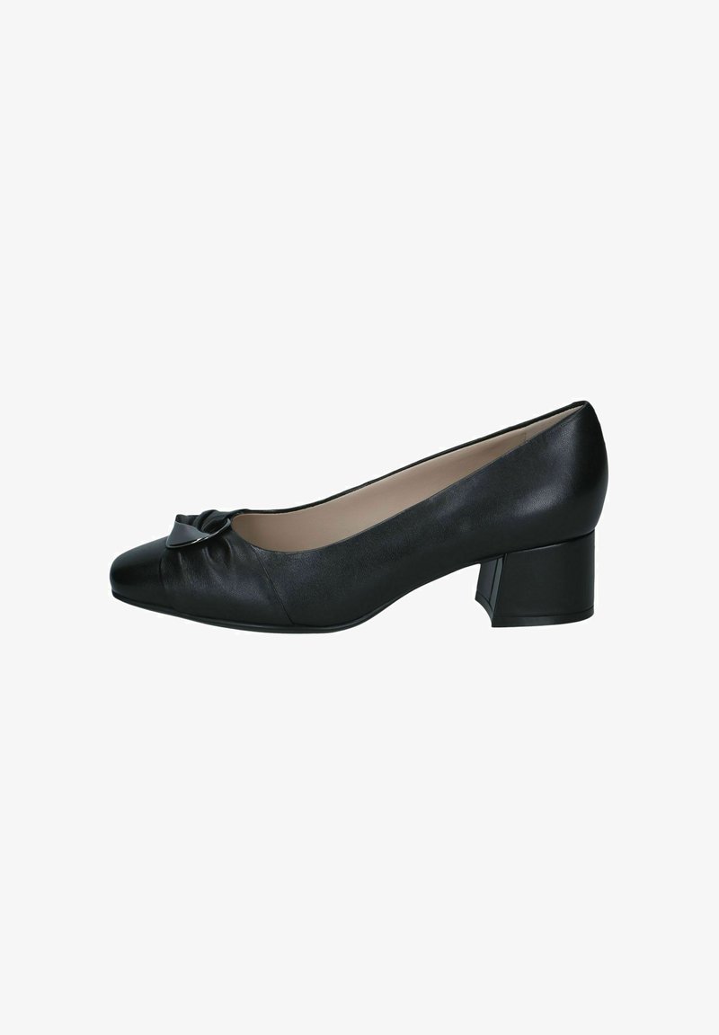 Chaussure pour femme en cuir noir à petit talon, avec un bout carré et un nœud décoratif sur le devant.