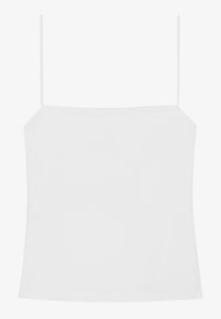 White camisole top with thin spaghetti straps, fitted design, smooth texture, and a straight hem. No patterns or accents present.