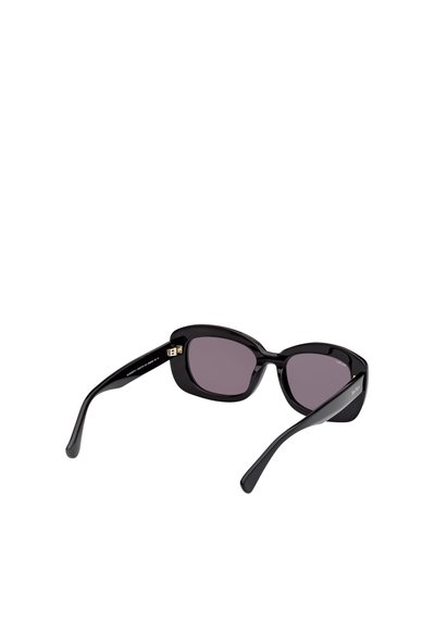 Lunettes de soleil noires avec des verres rectangulaires et une monture épaisse. Les verres sont teintés de violet et présentent des détails dorés sur les branches.