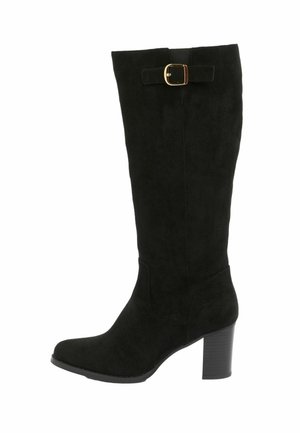 Botine negre din suede, până la genunchi, cu toc bloc. Prezintă un accent cu cataramă de culoare aurie și o formă elegantă. Textură moale, fără modele vizibile.