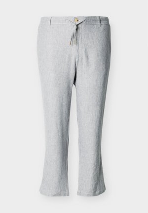 Svetlo sive hlače iz mešanice lanu s ravnimi nogami, z vrvico na pasu, z zankami za pas in gumbno zapiranjem spredaj.