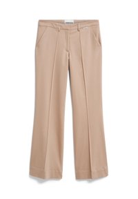 Pantalon beige au design à jambes droites, avec deux poches latérales et un devant plissé. Tissu lisse avec une légère brillance et un accent de marque.