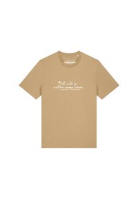 Beige T-Shirt mit kurzen Ärmeln und weißem handgeschriebenem Text auf Deutsch: "Ich will ja nichts sagen, aber..." zentriert auf der Brust.