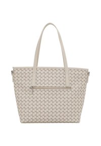 Sac fourre-tout beige clair en matériau texturé, avec un motif géométrique et deux poignées robustes. Comprend une poche zippée à l'avant.