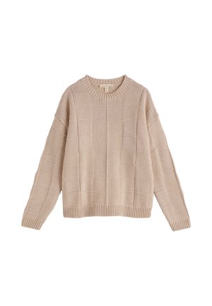 Pull beige tricoté avec un motif en damier texturé, col rond, manches longues, et poignets et ourlet côtelés.