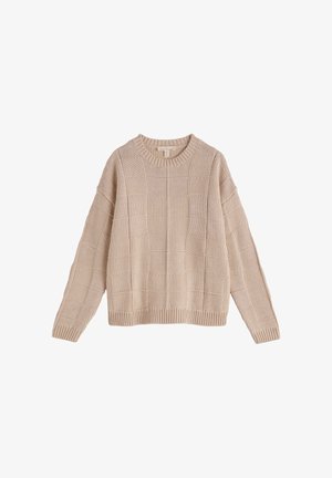 Pull beige tricoté avec un motif en damier texturé, col rond, manches longues, et poignets et ourlet côtelés.