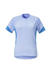 Camiseta deportiva de manga corta azul claro con cuello con cremallera, que presenta paneles laterales de malla azul y un logo sutil en el pecho. Textura de tela suave.