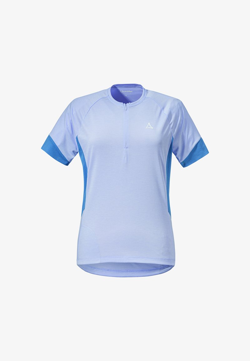 Lichtblauw sporttop met korte mouwen en een ritskraag, voorzien van blauwe mesh zijpanelen en een subtiele logo op de borst. Gladde stoftextuur.
