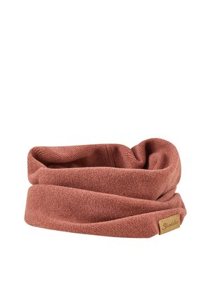 Soft, dusty pink knitted neck warmer with a folded design and a small tan label sewn on the edge.