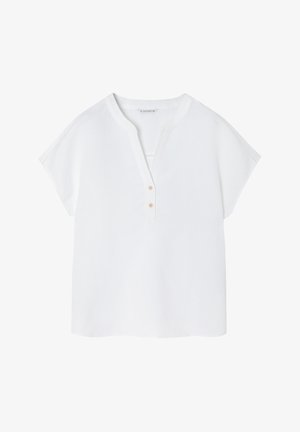 Maglietta bianca a maniche corte realizzata in tessuto leggero, con scollo a V e tre bottoni in legno, dal taglio morbido.