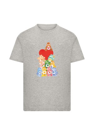Gray cotton t-shirt featuring a colorful design of bears and a large red heart. The bears are various colors with floral accents.