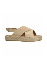 Beige suède sandaal met een kruisbandontwerp, een slingbackband met verstelbare gesp en een gestructureerde espadrille-wedgezool.