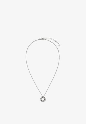 Silberne Halskette mit zwei ineinandergreifenden runden Anhängern. Einfaches Design mit Karabinerverschluss und verstellbarer Länge.