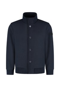 Donkerblauwe cardigan met een geribde kraag, vijf knopen en geribde manchetten. Gemaakt van zachte stof met een gladde textuur.