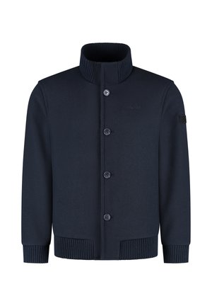 Navy blue cardigan with a ribbed collar, five button closure, and ribbed cuffs. Made from soft fabric with a smooth texture.