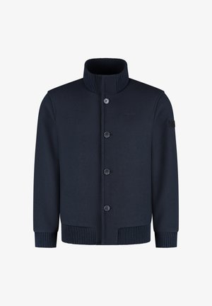 Donkerblauwe cardigan met een geribde kraag, vijf knopen en geribde manchetten. Gemaakt van zachte stof met een gladde textuur.