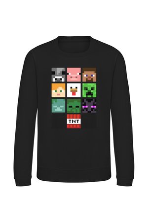 Felpa nera con una griglia 3x4 di volti pixelati di Minecraft e un blocco TNT stampato davanti.