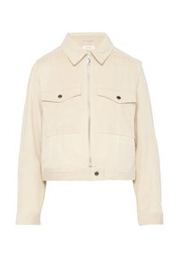 Kragen, voorritssluiting en twee borstzakken van cropped beige corduroy jas. Kenmerkt knopenaccenten en ribgebreide manchetten.