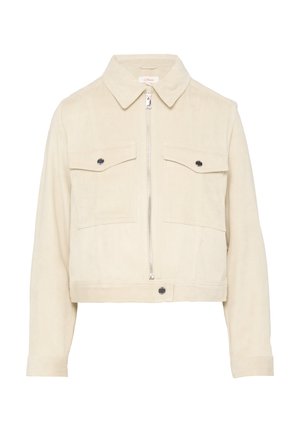 Beige Cordjacke in verkürzter Form mit einem Kragen, Frontreißverschluss und zwei Brusttaschen. Mit Knopfdetails und gerippten Bündchen.