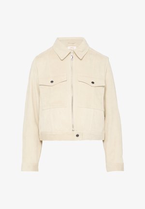 Beige Cordjacke in verkürzter Form mit einem Kragen, Frontreißverschluss und zwei Brusttaschen. Mit Knopfdetails und gerippten Bündchen.