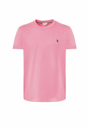 T-shirt di cotone rosa con maniche corte, collo rotondo e un logo verde sul lato sinistro del petto. Texture morbida e design semplice.