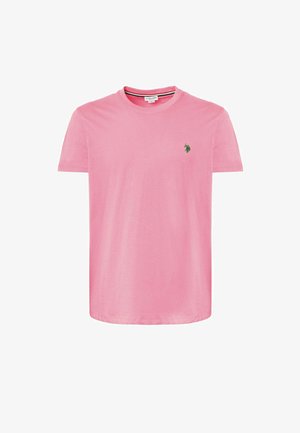 T-shirt di cotone rosa con maniche corte, collo rotondo e un logo verde sul lato sinistro del petto. Texture morbida e design semplice.