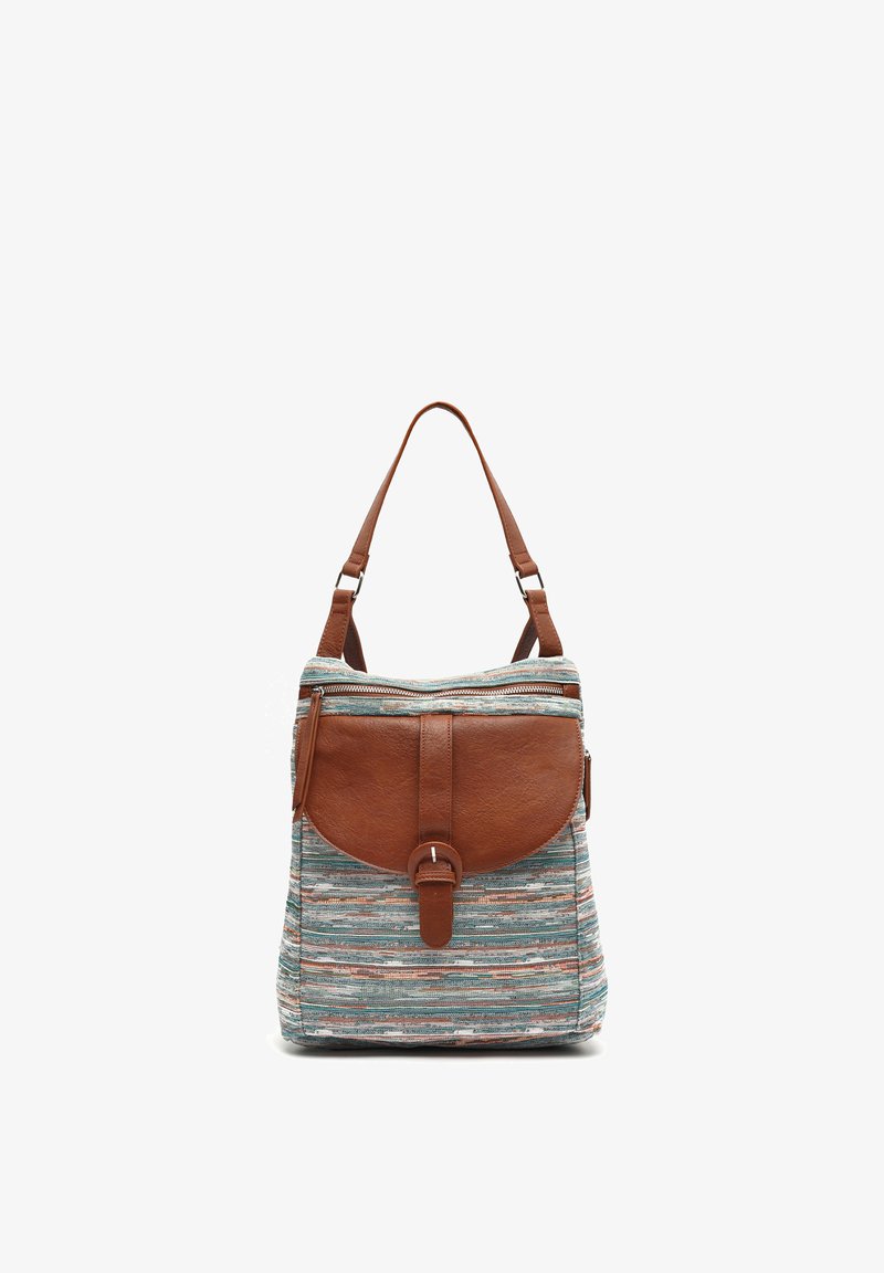 Shoulder bag with multicolored woven fabric body and brown leather flap pocket and adjustable strap, standing upright on white background.